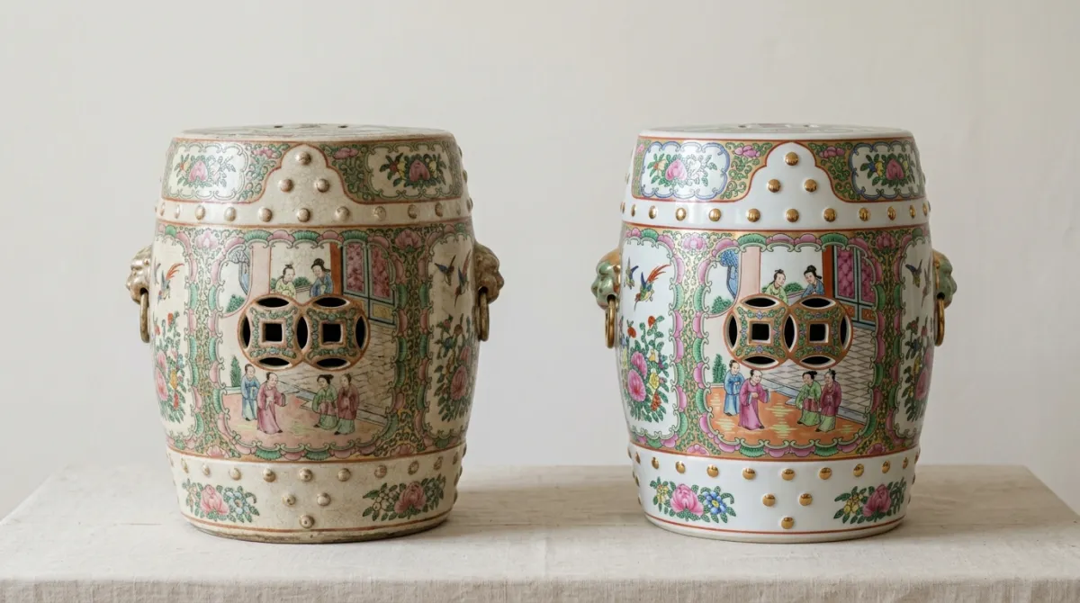 An antique garden stool beside a modern reproduction