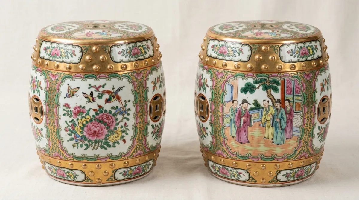 A pair of antique Rose Medallion garden stools