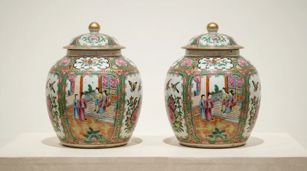 A matching pair of Rose Medallion ginger jars