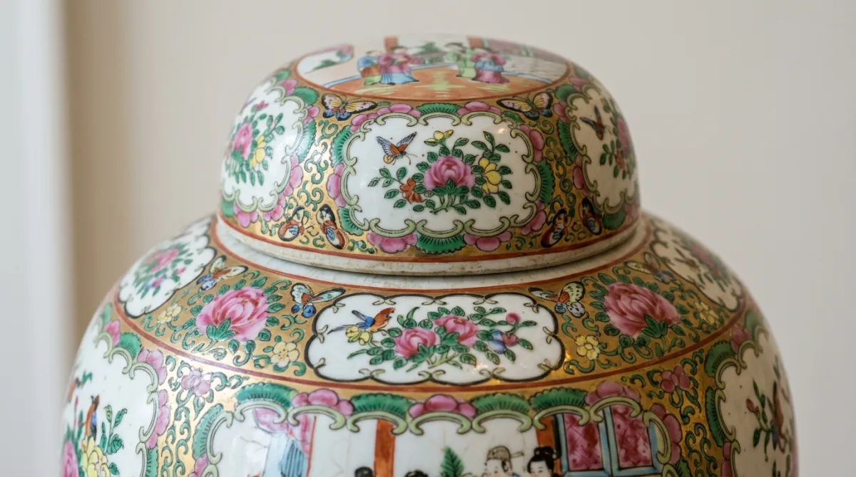 Close-up of the domed lid on a ginger jar shoulder