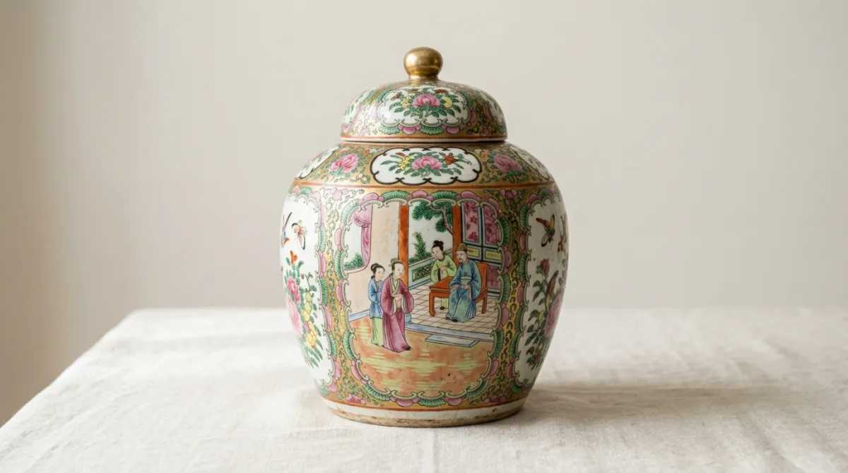 An antique Rose Medallion ginger jar with its domed lid