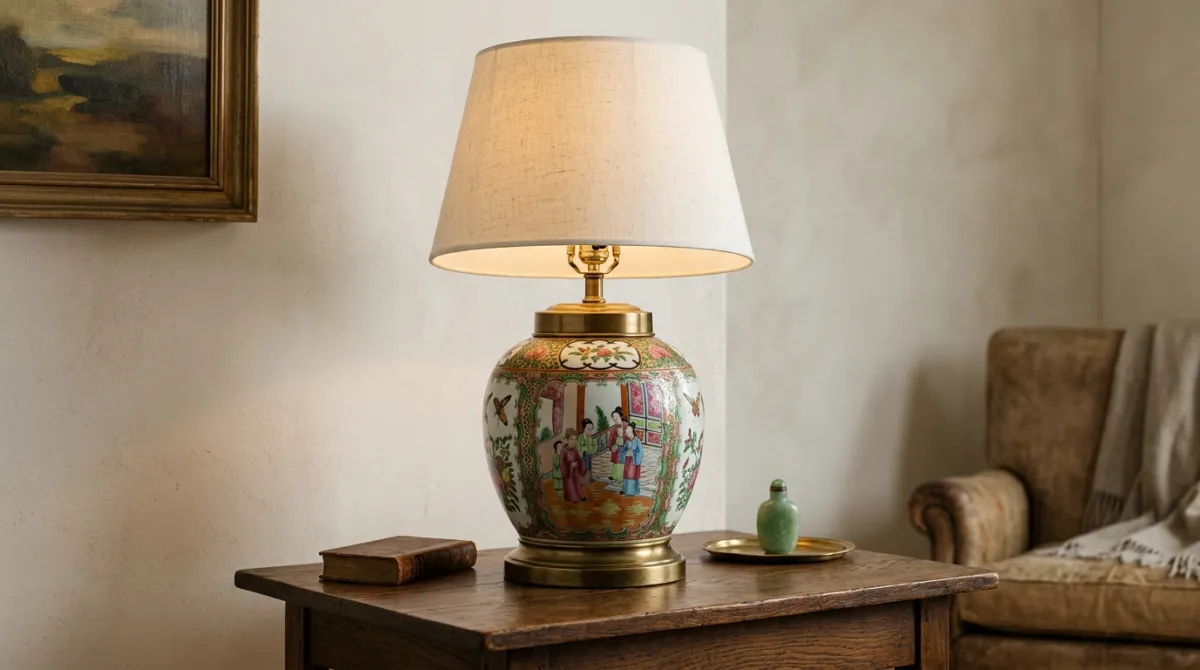 An antique Rose Medallion ginger jar mounted as a table lamp