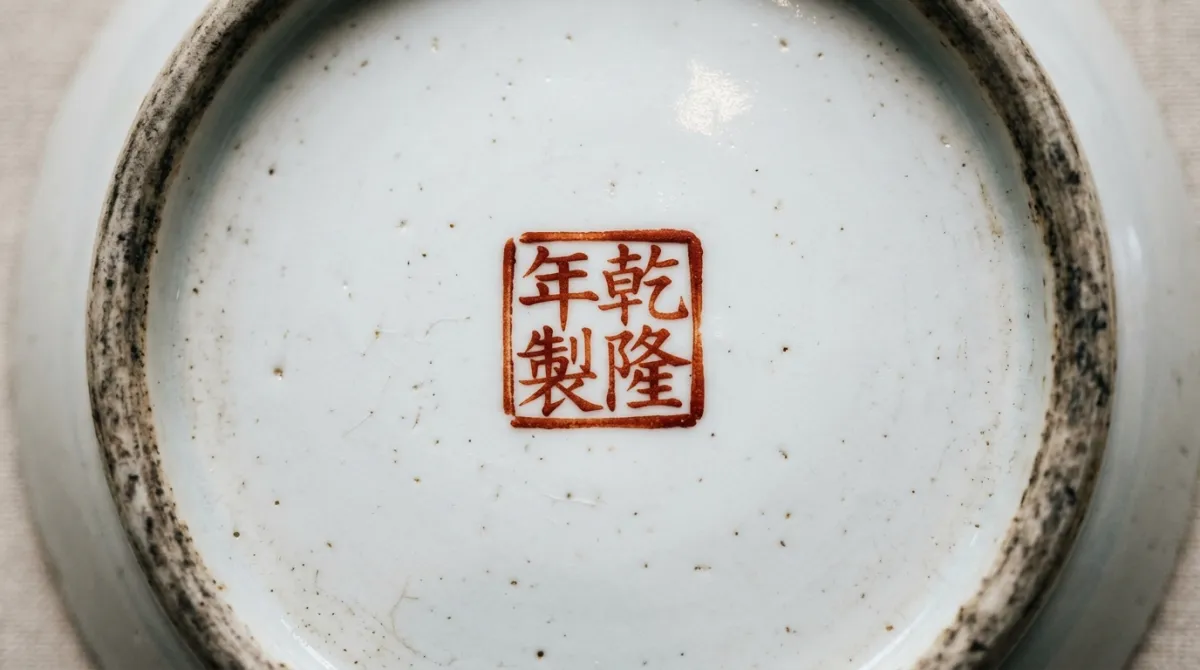 Close-up of an iron-red hand-painted seal mark on a porcelain base