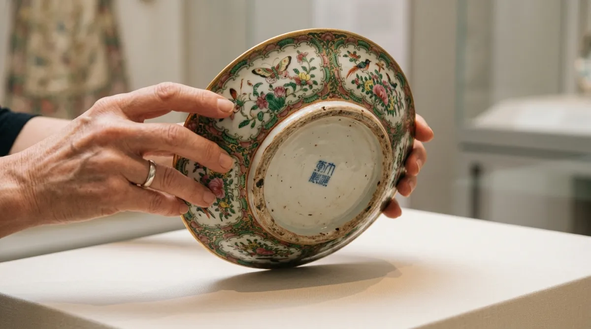 Turning an antique plate over to examine the base in the light
