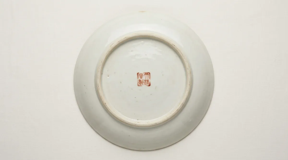 The base of an antique Rose Medallion plate showing a hand-painted seal mark