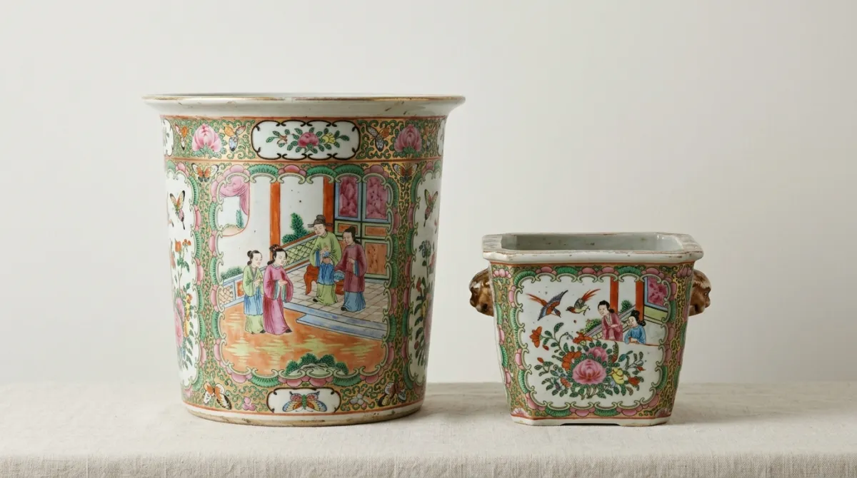 A jardinière beside a cachepot