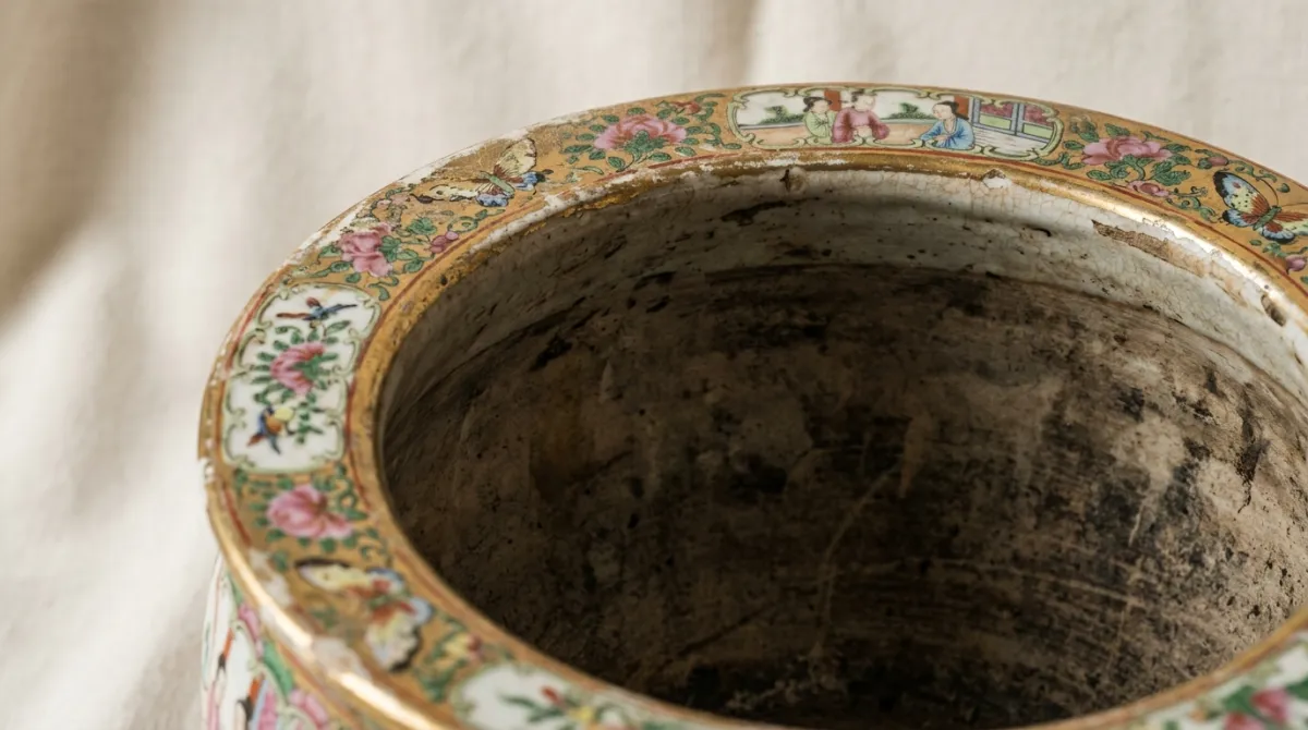 Close-up of a planter rim and interior showing wear and staining