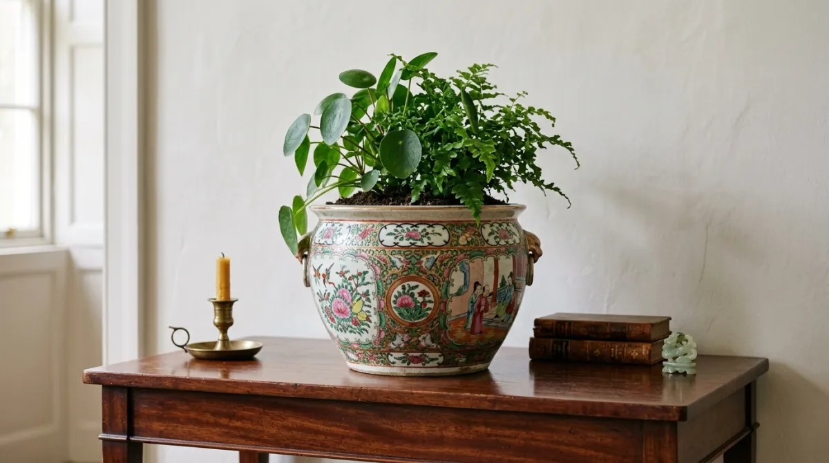 An antique Rose Medallion planter used as a cachepot with a plant