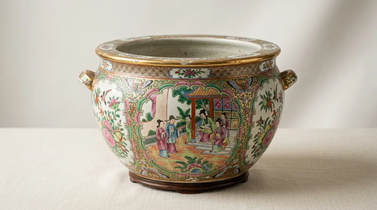 An antique Rose Medallion jardinière planter