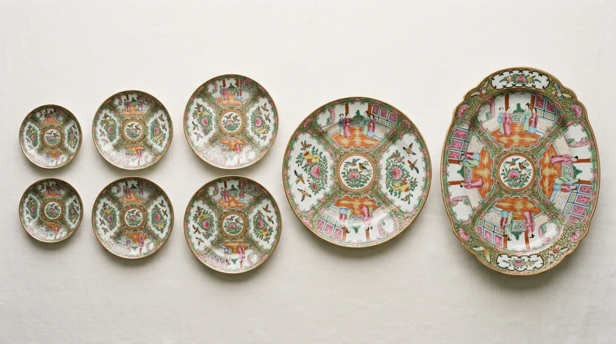 A range of Rose Medallion plates and a platter in different sizes