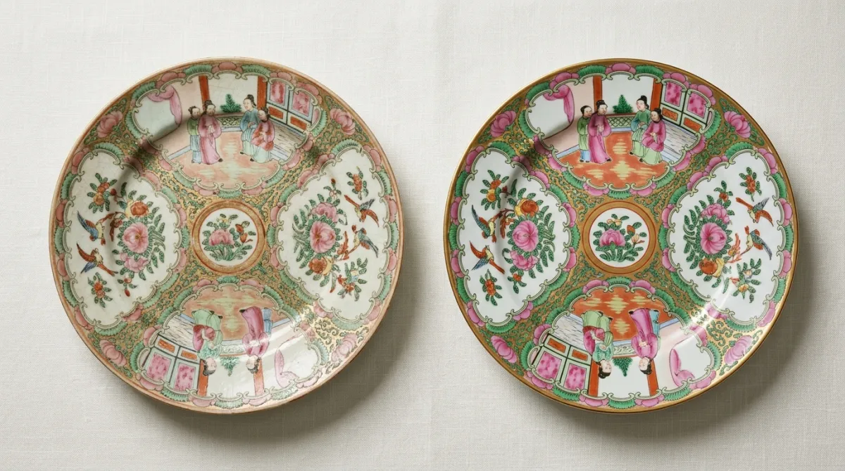 An antique Rose Medallion plate beside a brighter modern reproduction
