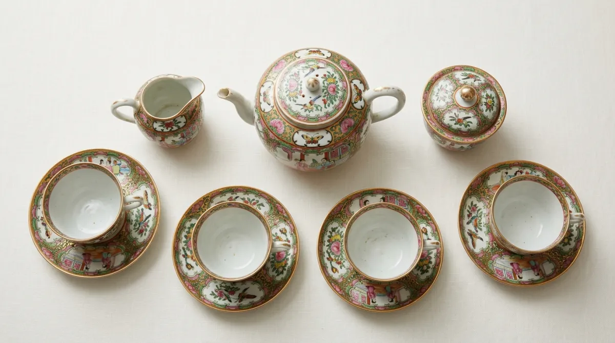 A full Rose Medallion tea service laid out