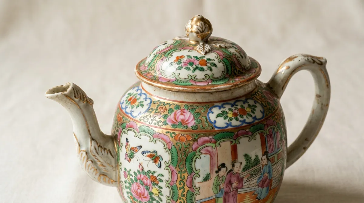 Close-up of a Rose Medallion teapot spout, handle and lid