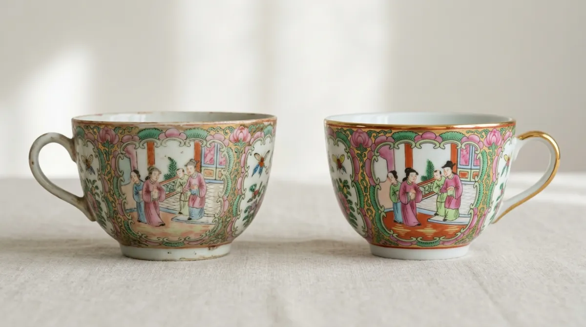 An antique tea cup beside a modern reproduction