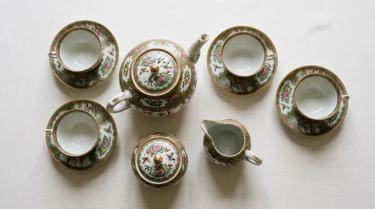 An antique Rose Medallion tea set with teapot, cups and saucers