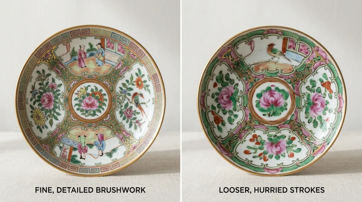 Fine detailed brushwork versus hurried painting on porcelain