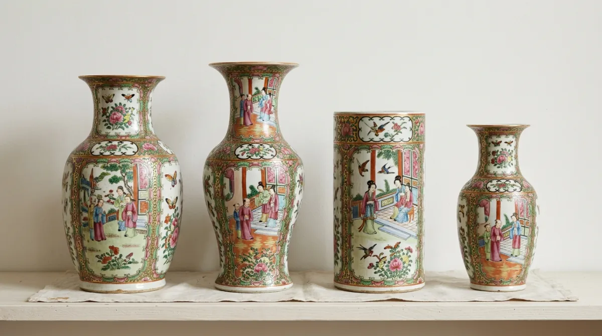 Several Rose Medallion vase forms side by side