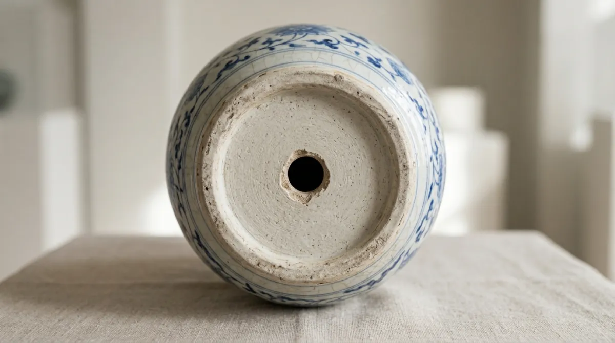 The drilled base of a vase converted for a lamp