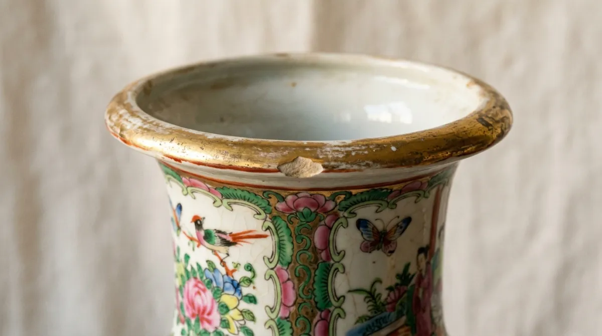 Close-up of a vase neck and rim showing wear