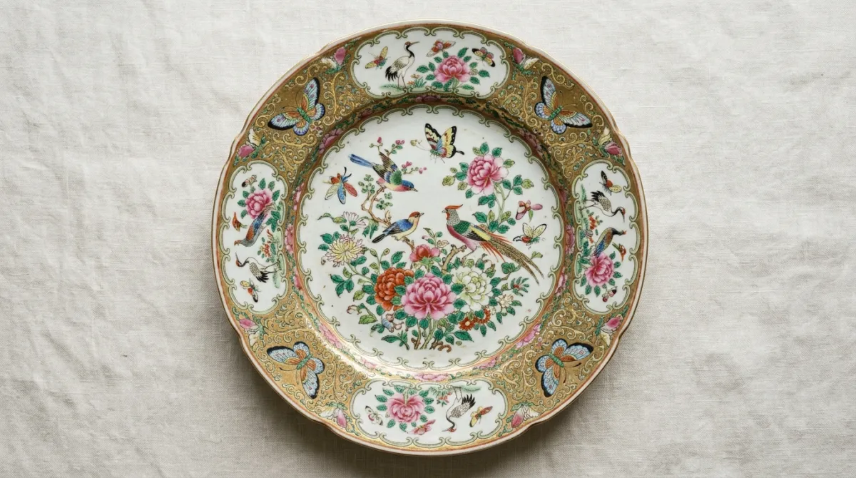 A Rose Canton plate with all-floral reserves and no figures