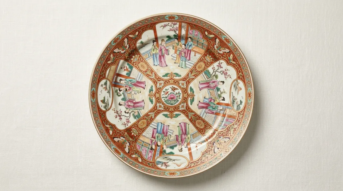 A Mandarin pattern plate dominated by robed court figures