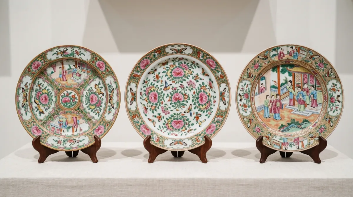 Three Canton famille-rose pattern plates side by side