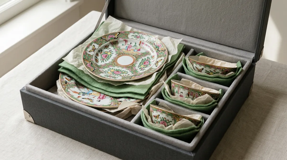 Antique porcelain safely padded and stored in a box