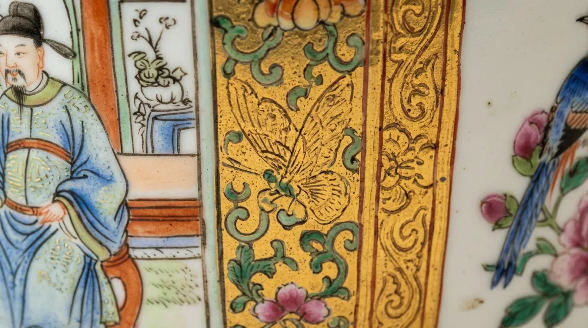 Close-up of alternating figure and floral reserves on a Rose Medallion plate