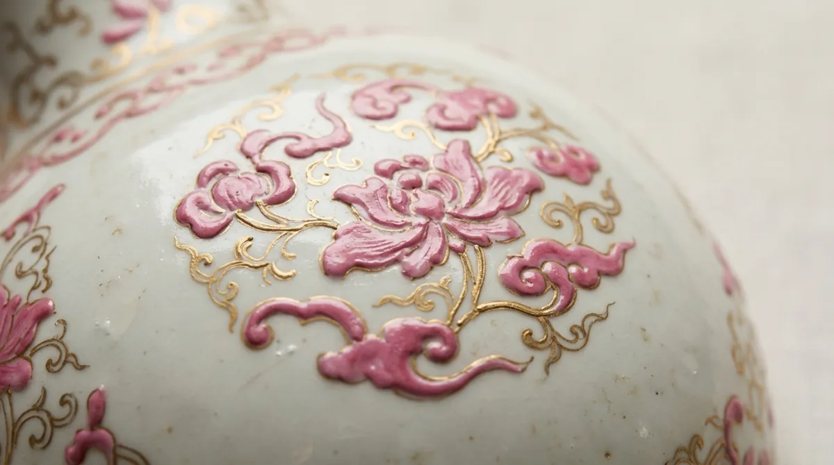 Macro of hand-painted famille-rose enamel and gold scrollwork