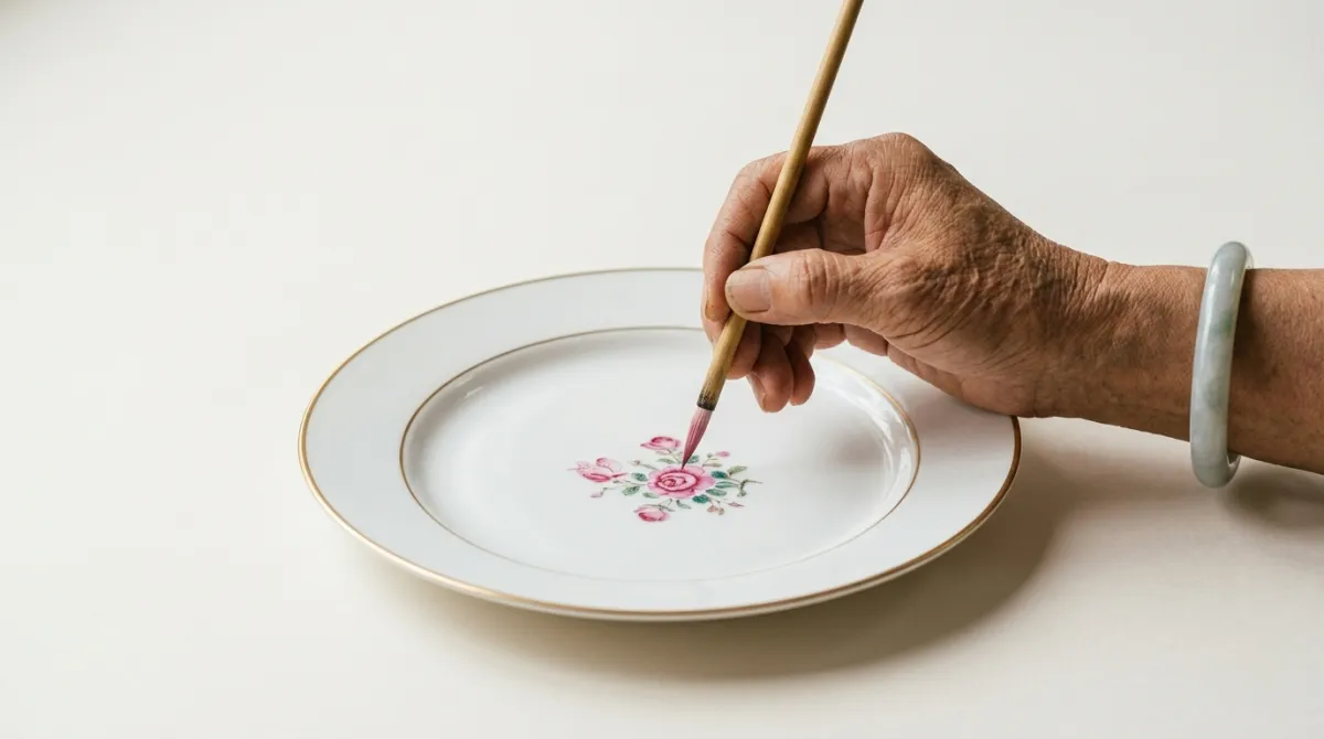 A Canton porcelain painter hand-decorating a white plate