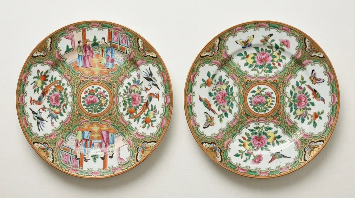 Side-by-side comparison of a Rose Medallion plate and a Rose Canton plate